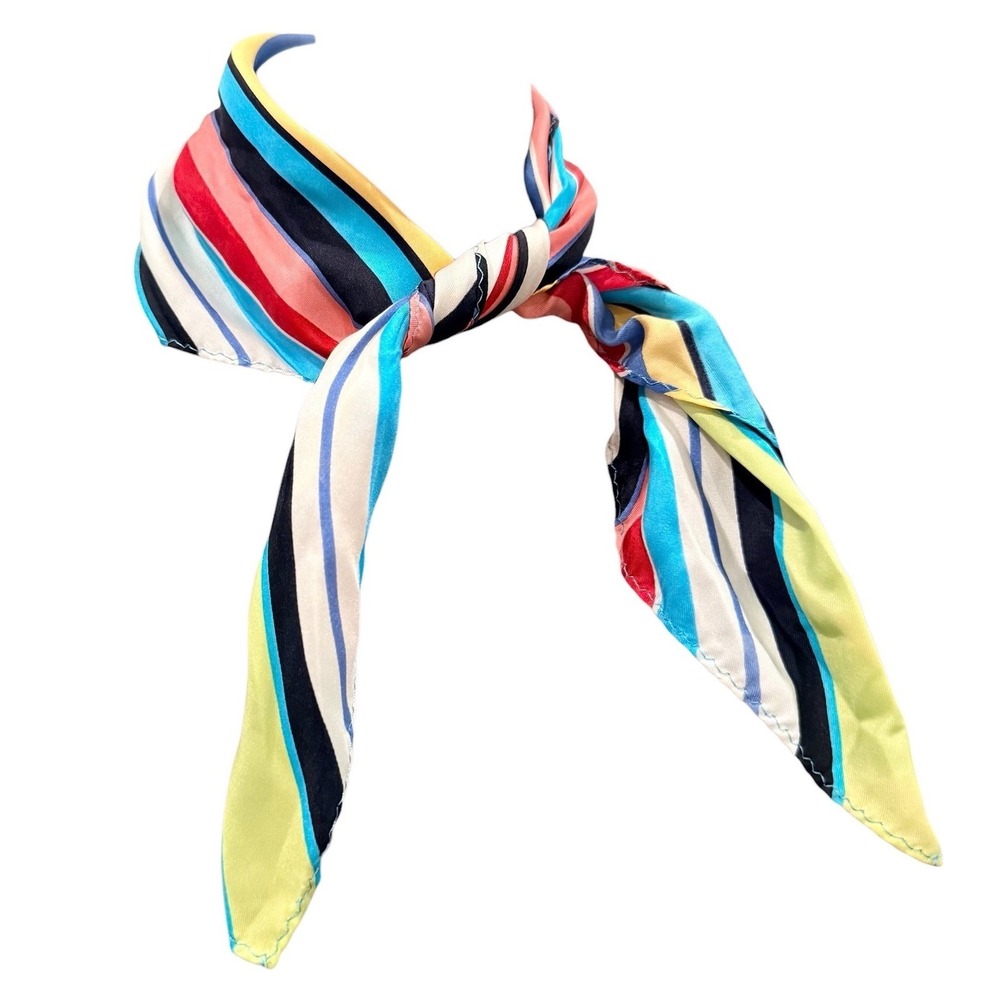 Multicolor Diagonal Stripe Square Neck Silk Scarf Blue‎ Red Yellow Silky Bandana - Picture 2 of 6